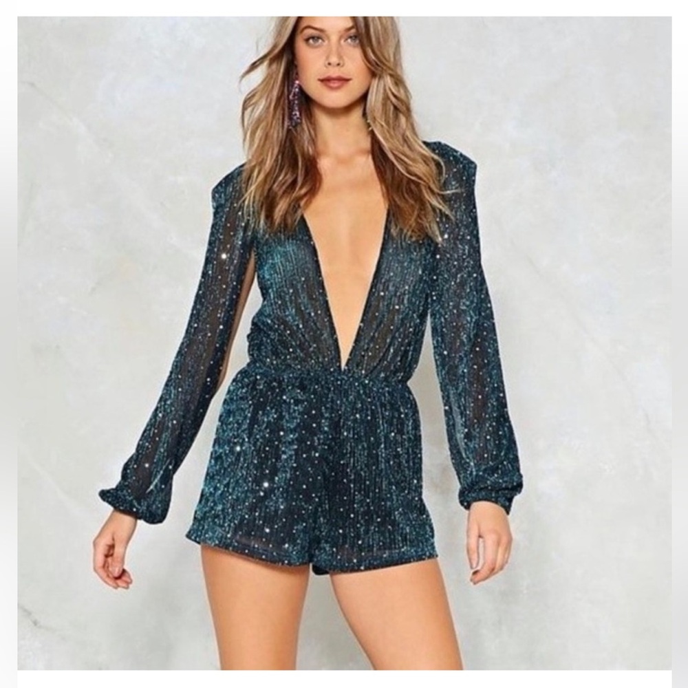 Vintage Nasty Gal Teal Glitter metallic silver  roomper jumpsuit